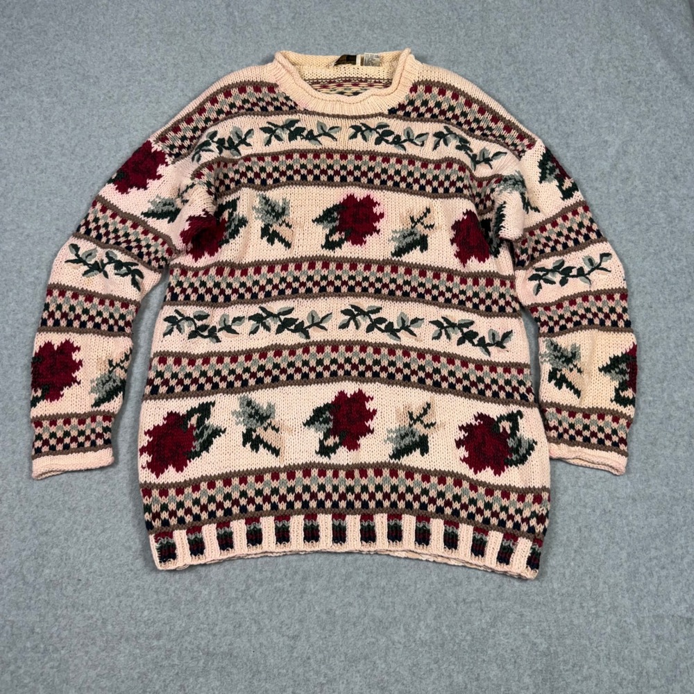 Vintage 80s Paul Harris Design Hand Knit Floral Sweater Cream Large Cottagecore